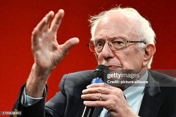 October 2023, Berlin: U.S. Politician Bernie Sanders speaks at the launch of his book "It's Okay to Be Angry at Capitalism" at the House of World...