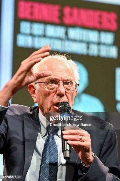 October 2023, Berlin: U.S. Politician Bernie Sanders speaks at the launch of his book "It's Okay to Be Angry at Capitalism" at the House of World...