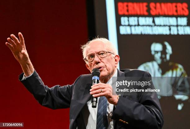 October 2023, Berlin: U.S. Politician Bernie Sanders speaks at the launch of his book "It's Okay to Be Angry at Capitalism" at the House of World...