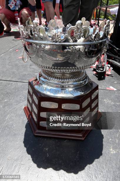 The Frank J. Selke Trophy, is on display during the Chicago Blackhawks' 2013 Stanley Cup Championship rally at Hutchinson Field in Grant Park in...