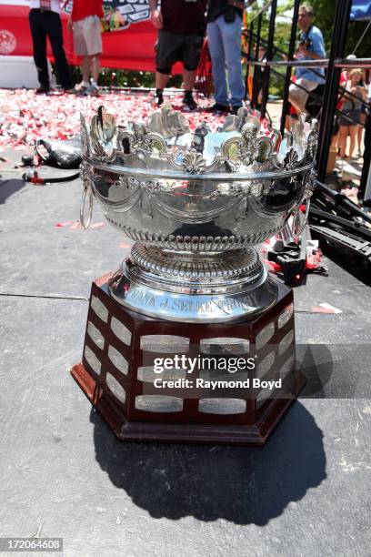 The Frank J. Selke Trophy, is on display during the Chicago Blackhawks' 2013 Stanley Cup Championship rally at Hutchinson Field in Grant Park in...