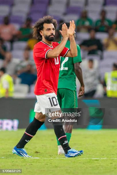 Mohamed Salah of Egypt gestures during the friendly match between Egypt and Zambia at Hazza bin Zayed Stadium in Abu Dhabi, United Arab Emirates on...