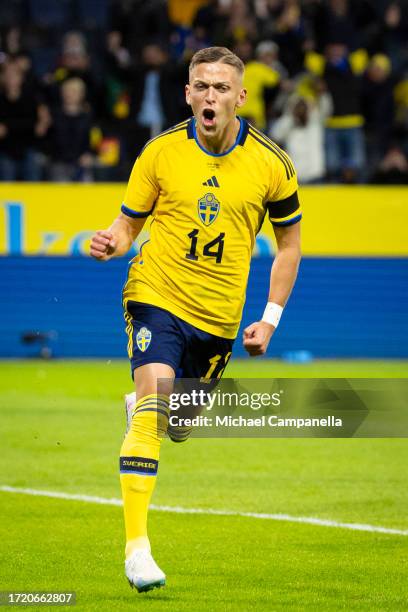 Sweden's Jesper Karlsson celebrates after scoring the 1-0 goal during the international friendly match between Sweden and Moldova at Friends Arena on...