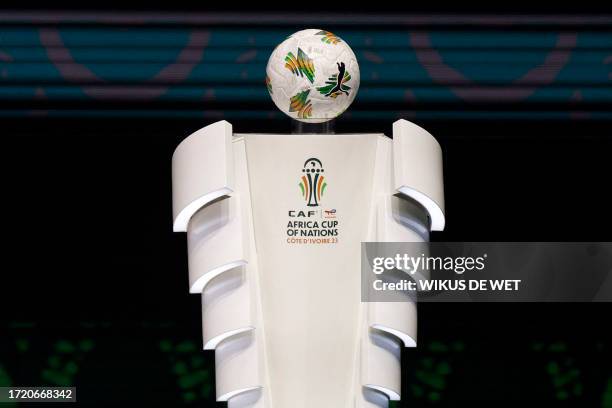 The official ball of the Africa Cup of Nations is pictured on the stage during the CAN 2024 official draw at Parc des Expositions in Abidjan,...