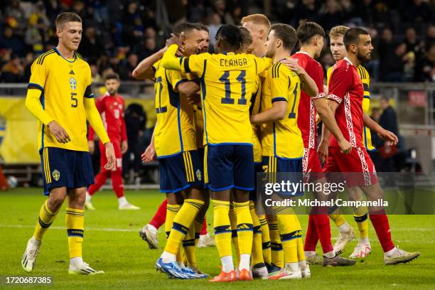 Players from Sweden celebrate after Sweden scores the 3-1 goal during the international friendly match between Sweden and Moldova at Friends Arena on...