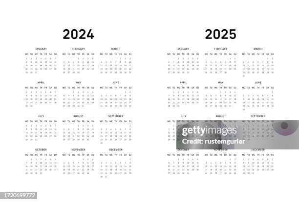 illustrazioni stock, clip art, cartoni animati e icone di tendenza di calendario 12 mesi per 2024-2025 inizio lunedì - sfondo bianco - lunedì