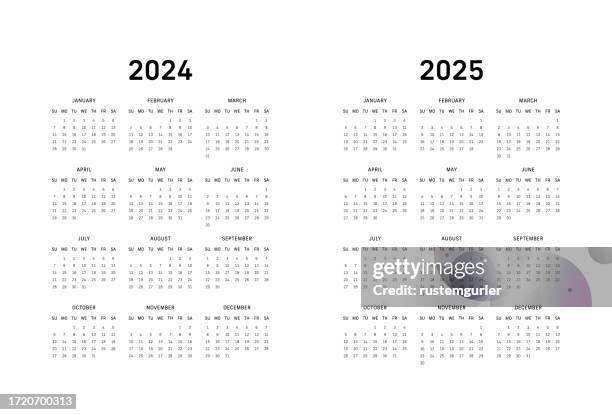 illustrazioni stock, clip art, cartoni animati e icone di tendenza di 12 mesi di calendario per 2024-2025 inizio domenica - sfondo bianco - calendario