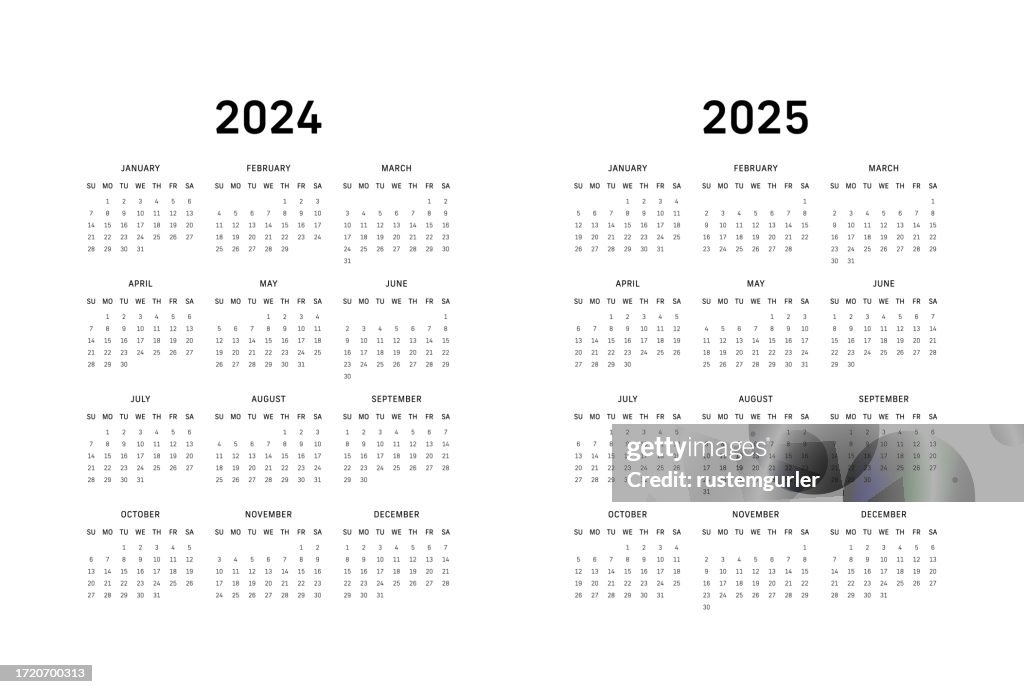 Calendário de 12 meses para 2024-2025 Início de domingo - Fundo branco