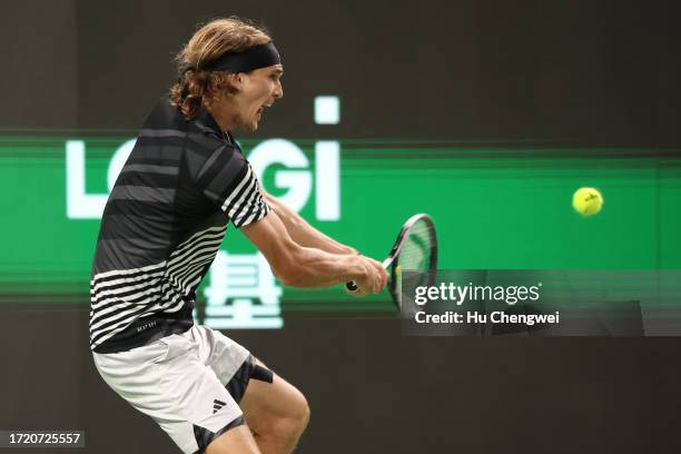 Alexander Zverev of Germany competes against Roman Safiullin on Day 5 of 2023 Shanghai Rolex Masters at Qi Zhong Tennis Centre on October 06, 2023 in...