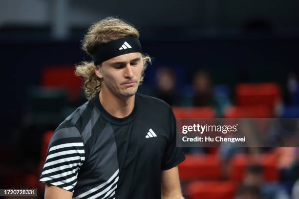 Alexander Zverev of Germany reacts during the match against Roman Safiullin on Day 5 of 2023 Shanghai Rolex Masters at Qi Zhong Tennis Centre on...