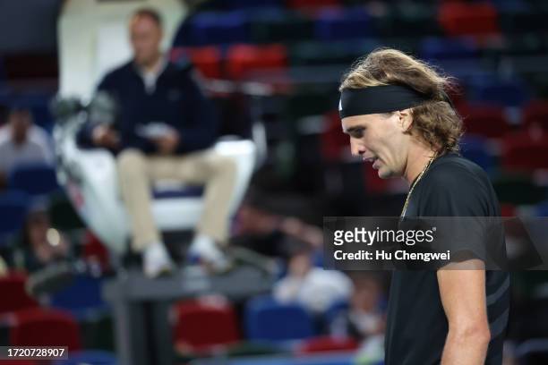 Alexander Zverev of Germany reacts during the match against Roman Safiullin on Day 5 of 2023 Shanghai Rolex Masters at Qi Zhong Tennis Centre on...