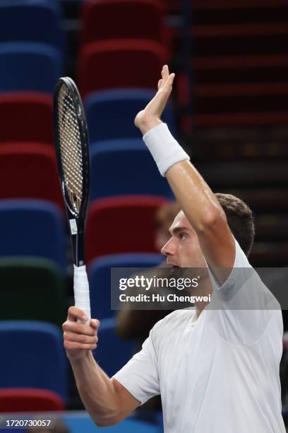 Roman Safiullin reacts during the match against Alexander Zverev of Germany on Day 5 of 2023 Shanghai Rolex Masters at Qi Zhong Tennis Centre on...