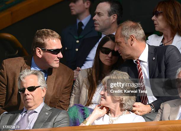 Sir Matthew Pinsent, Lady Demetra Pinsent and Sir Steve Redgrave attend on Day 7 of the Wimbledon Lawn Tennis Championships at the All England Lawn...