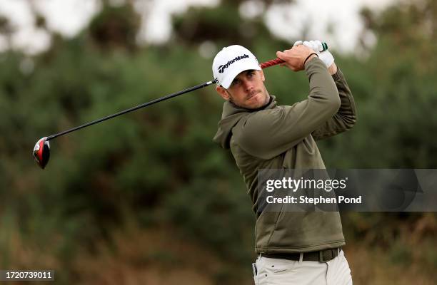 Former Footballer, Gareth Bale tees off on the first hole during Day Two of the Alfred Dunhill Links Championship at Kingsbarns Golf Links on October...