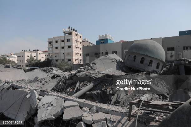 Bombed the Al-Abbas Mosque in Gaza City many surrounding buildings and cars in streets were also damaged, on october 12, 2023.