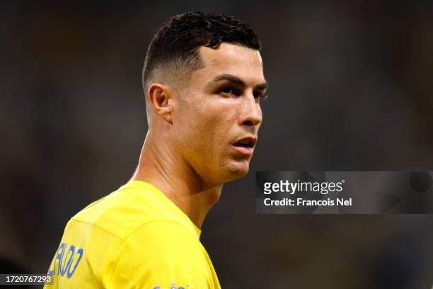 Cristiano Ronaldo of Al-Nassr Club looks on during the Saudi Pro League match between Al-Nassr and Abha at King Saud University Stadium on October...