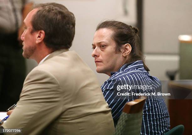 Actor Edward Furlong and his attorney during Furlong's court appearance after being charged with assaulting his girlfriend July 1, 2013 in Los...