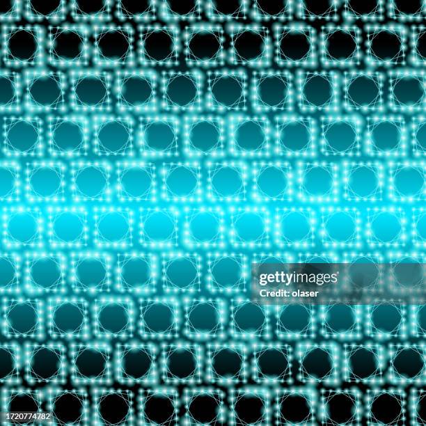 elektronisches leuchten beleuchtet türkisfarbene quadrate, die in versetzten reihen mit eingestreuten leuchtenden lichtern angeordnet sind und ein visuell stimulierendes digitales ambiente schaffen. - bit stock-grafiken, -clipart, -cartoons und -symbole