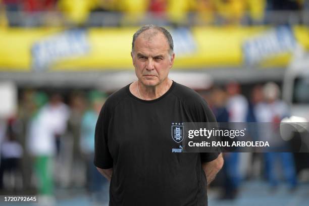 Uruguay's coach Argentine Marcelo Bielsa gestures during the 2026 FIFA World Cup South American qualification football match between Colombia and...