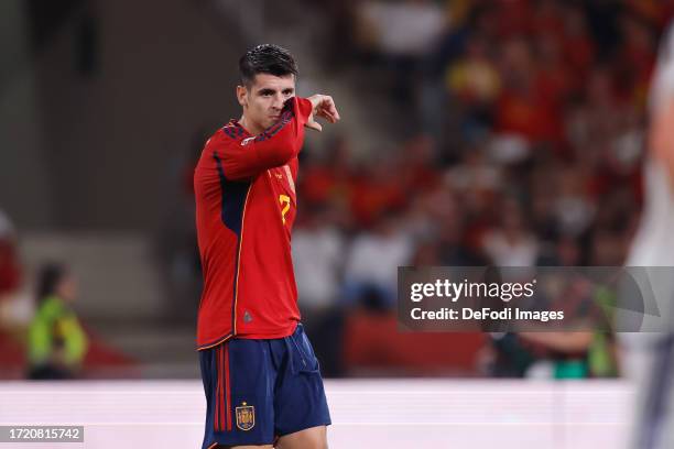 Alvaro Morata of Spain looks on during the UEFA EURO 2024 European qualifier match between Spain and Scotland at Estadio de La Cartuja on October 12,...