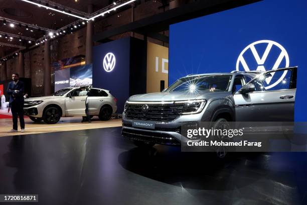 Volkswagen car is on display during the opening ceremony of the Geneva International Motor Show on October 6, 2023 in Doha, Qatar. The Geneva...