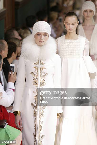 Model walks the runway during Christophe Josse show as part of Paris Fashion Week Haute-Couture Fall/Winter 2013-2014 at les Beaux Arts on July 1,...