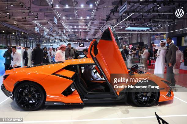 Lamborghini car is on display during the opening ceremony of the Geneva International Motor Show on October 6, 2023 in Doha, Qatar. The Geneva...