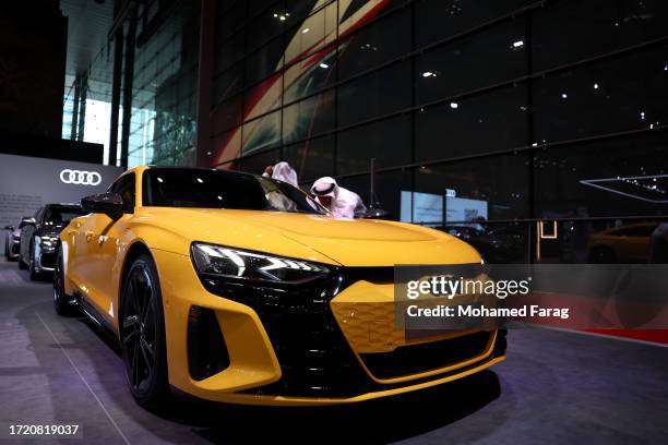 The Audi display during the opening ceremony of the Geneva International Motor Show on October 6, 2023 in Doha, Qatar. The Geneva International Motor...