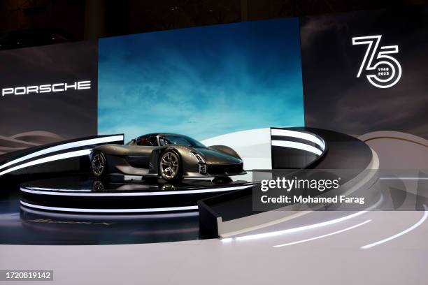 The Porsche stand is seen during the opening ceremony of the Geneva International Motor Show on October 6, 2023 in Doha, Qatar. The Geneva...