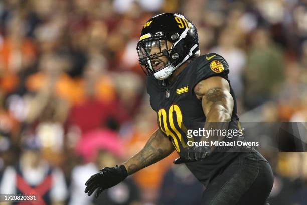Montez Sweat of the Washington Commanders runs during an NFL football game between the Washington Commanders and the Chicago Bears at FedExField on...