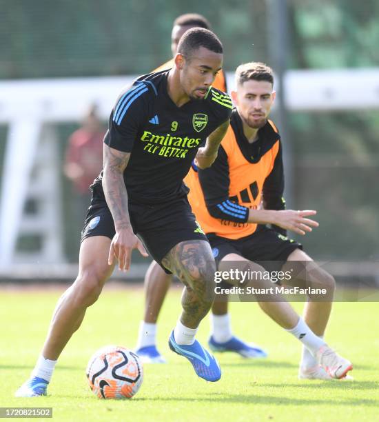 Gabriel Jesus and Jorginho of Arsenal during a training session at London Colney on October 06, 2023 in St Albans, England.