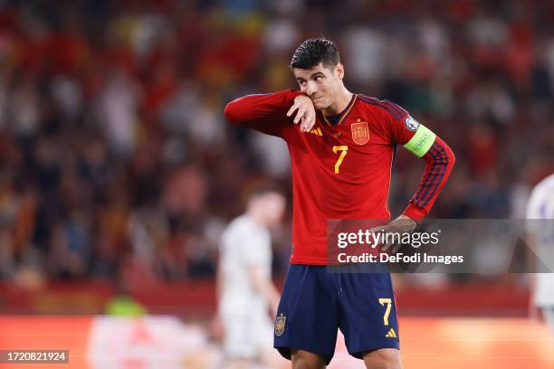 Alvaro Morata of Spain looks dejected during the UEFA EURO 2024 European qualifier match between Spain and Scotland at Estadio de La Cartuja on...