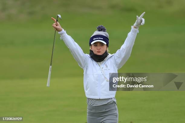 Kathryn Newton the American film actress celebrates a great shot for her third shot on the eighth hole during Day Two of the Alfred Dunhill Links...