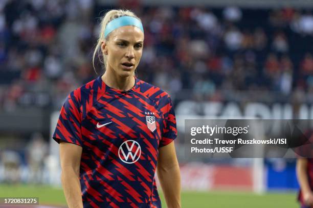 Julie Ertz of the United States warms up before the game against South Africa at TQL Stadium on September 21, 2023 in Cincinnati, Ohio.