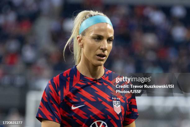 Julie Ertz of the United States warms up before the game against South Africa at TQL Stadium on September 21, 2023 in Cincinnati, Ohio.