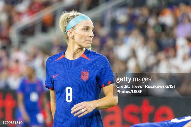 Julie Ertz of the United States looks on during the game against South Africa at TQL Stadium on September 21, 2023 in Cincinnati, Ohio.