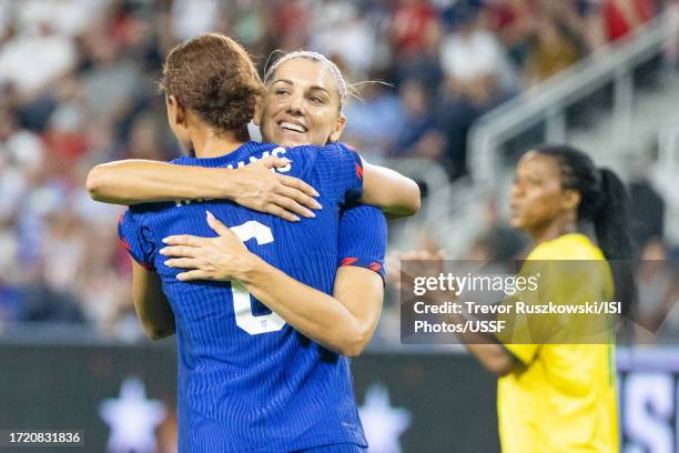 Lynn Williams of the United States celebrates her first goal of the match with Julie Ertz of the United States in the game against South Africa at...