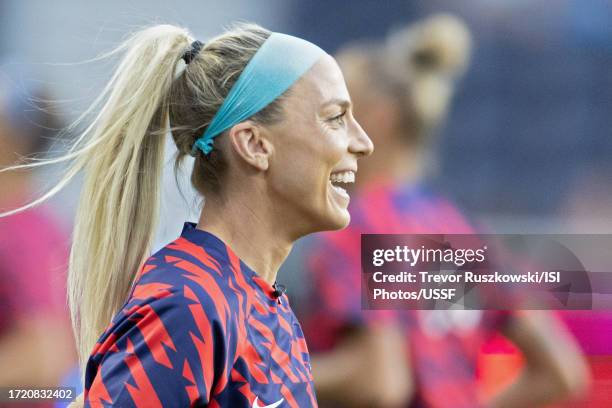 Julie Ertz of the United States smiles during warmups before the game against South Africa at TQL Stadium on September 21, 2023 in Cincinnati, Ohio.