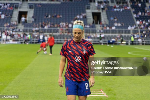 Julie Ertz of the United States warms up before the game against South Africa at TQL Stadium on September 21, 2023 in Cincinnati, Ohio.