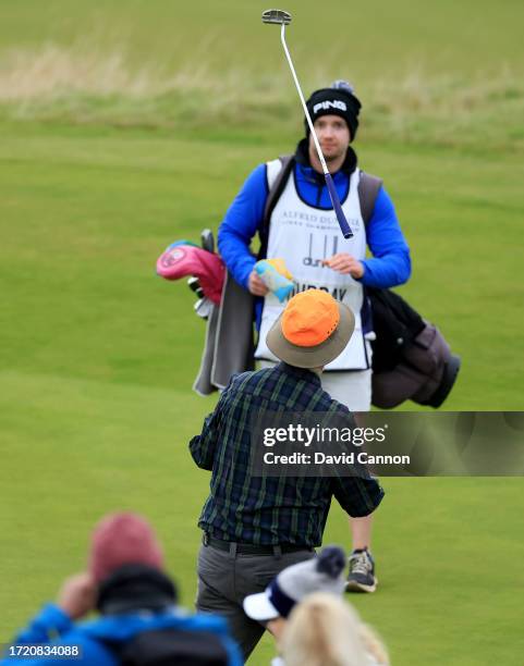 Bill Murray the American movie actor reacts to a missed putt on the seventh hole during Day Two of the Alfred Dunhill Links Championship on the...