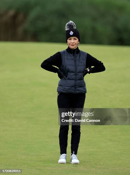 Catherine Zeta-Jones the Welsh film actress waits to hit a shot on the ninth hole during Day Two of the Alfred Dunhill Links Championship on the...