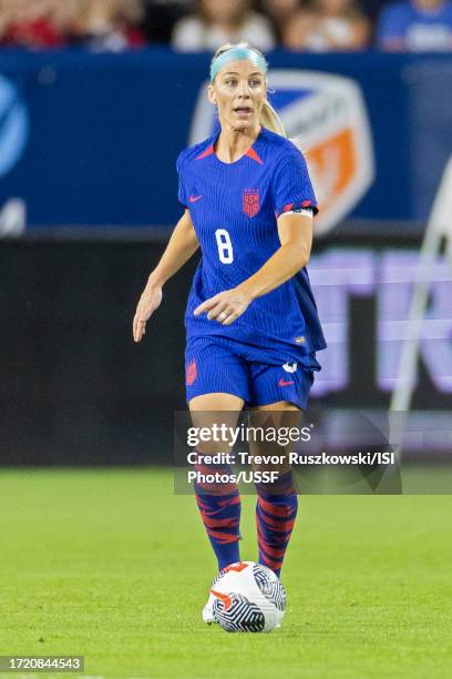 Julie Ertz of the United States dribbles the ball in the game against South Africa at TQL Stadium on September 21, 2023 in Cincinnati, Ohio.