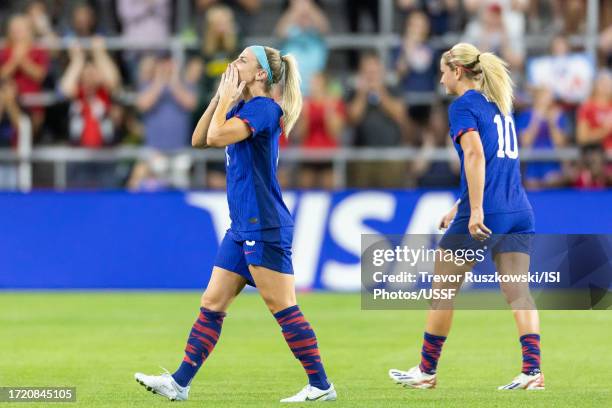 Julie Ertz of the United States is subbed out for the last time in the game against South Africa at TQL Stadium on September 21, 2023 in Cincinnati,...