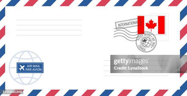 blank air mail envelope with canada postage stamp. postcard vector illustration with canadian national flag isolated on white background. - air canada stock illustrations