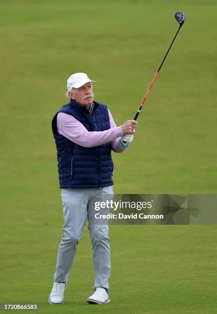 Dermot Desmond of Ireland the Irish businessman plays his second shot on the ninth hole during Day Two of the Alfred Dunhill Links Championship on...