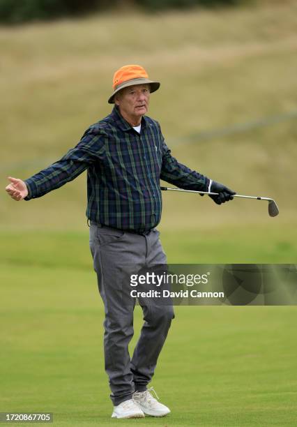 Bill Murray the American movie actor plays a shot on the ninth hole during Day Two of the Alfred Dunhill Links Championship on the Kingsbarns Links...