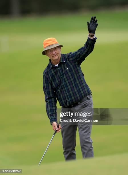 Bill Murray the American movie actor prepares to play a shot on the ninth hole during Day Two of the Alfred Dunhill Links Championship on the...