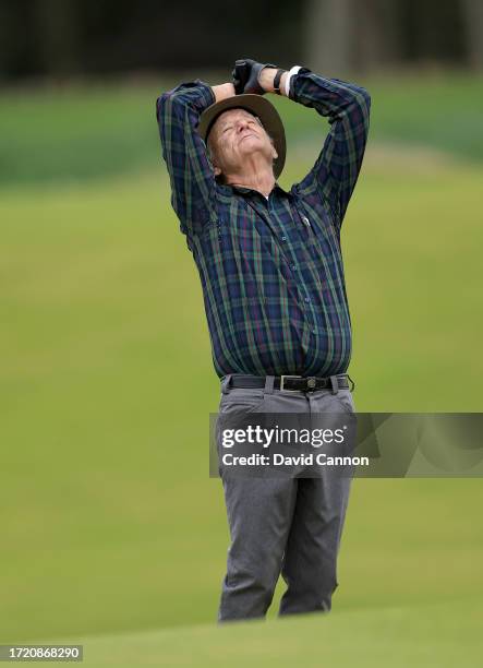 Bill Murray the American movie actor reacts to a shot on the ninth hole during Day Two of the Alfred Dunhill Links Championship on the Kingsbarns...