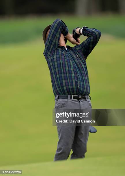 Bill Murray the American movie actor reacts to a shot on the ninth hole during Day Two of the Alfred Dunhill Links Championship on the Kingsbarns...