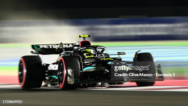 Lewis Hamilton of Great Britain driving the Mercedes AMG Petronas F1 Team W14 on track during qualifying ahead of the F1 Grand Prix of Qatar at...